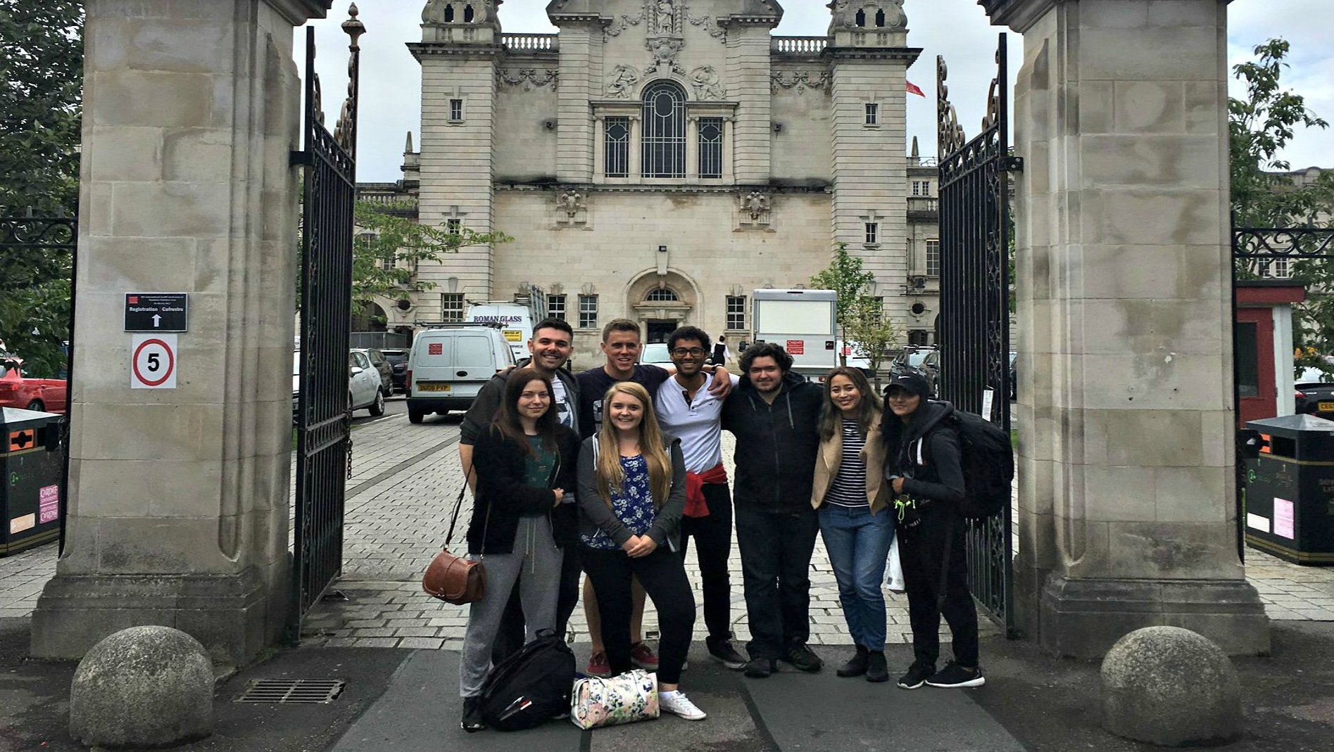 Cardiff University students outside Main Building