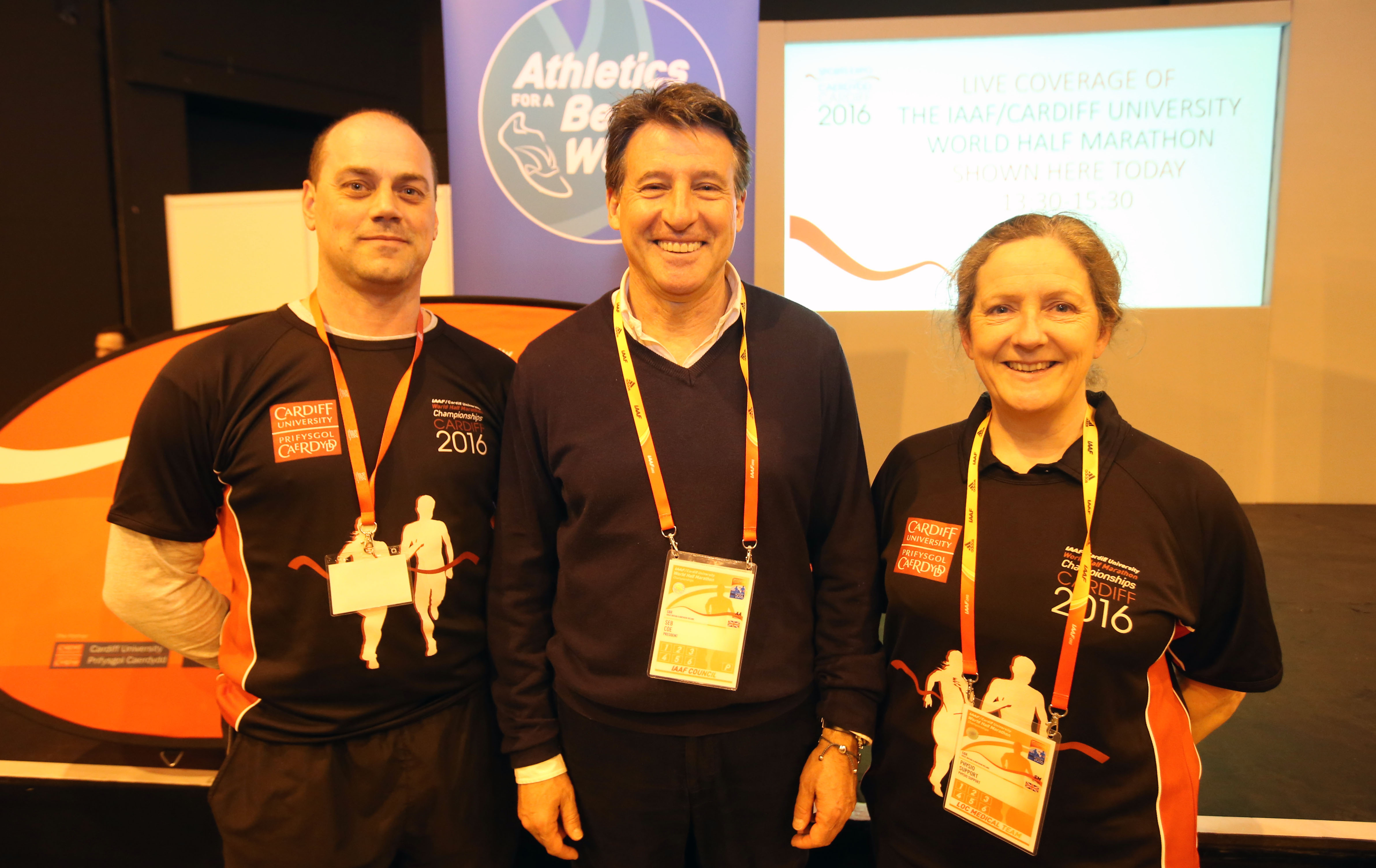 Cardiff University physiotherapists meet Sebastian Coe at the Sports Expo