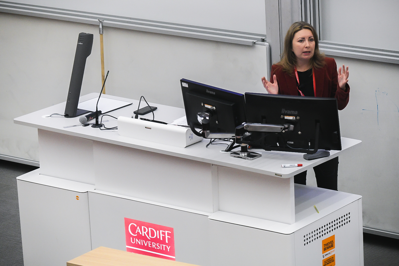Woman delivering talk in lecture theatre