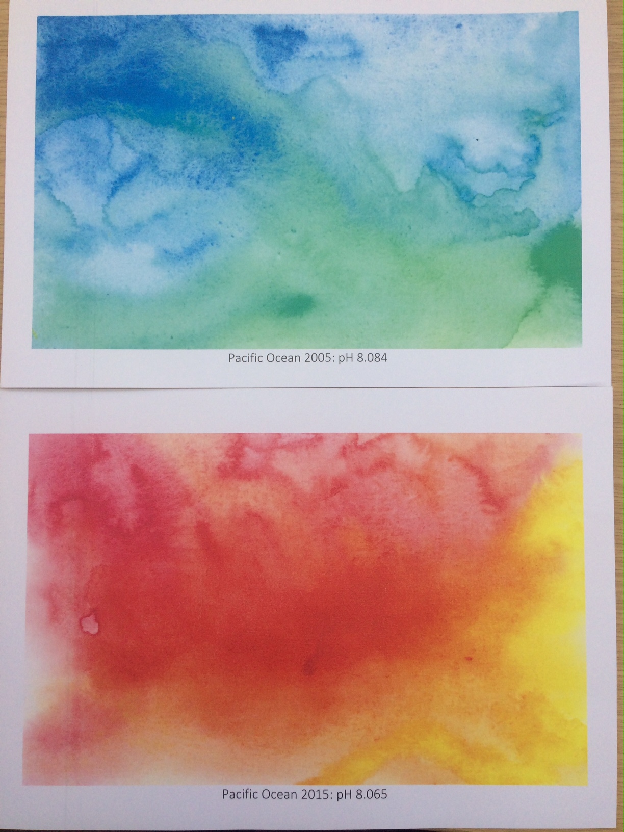 Watercolour images created by Eleanor Monk representing different values of ocean pH