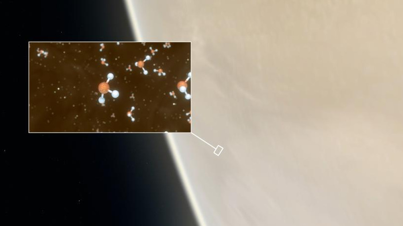 Artist's impression of Venus, with an inset showing a representation of the phosphine molecules detected in the high cloud decks