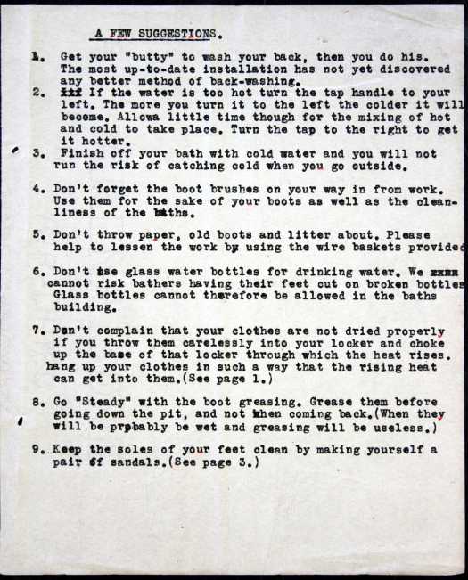 Pithead baths instruction booklet, Fernhill Colliery