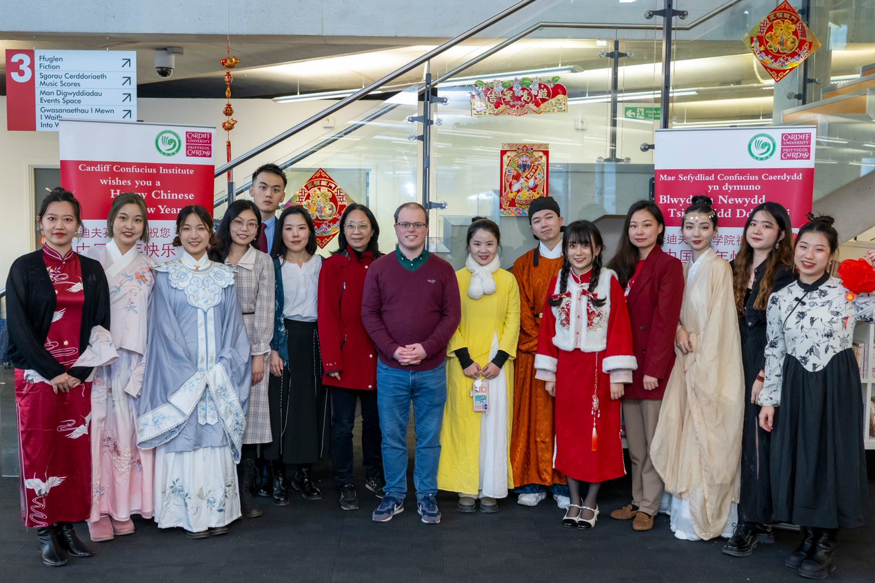 Cardiff Confucius Institute tutors at Cardiff library's Chinese New Year celebration.