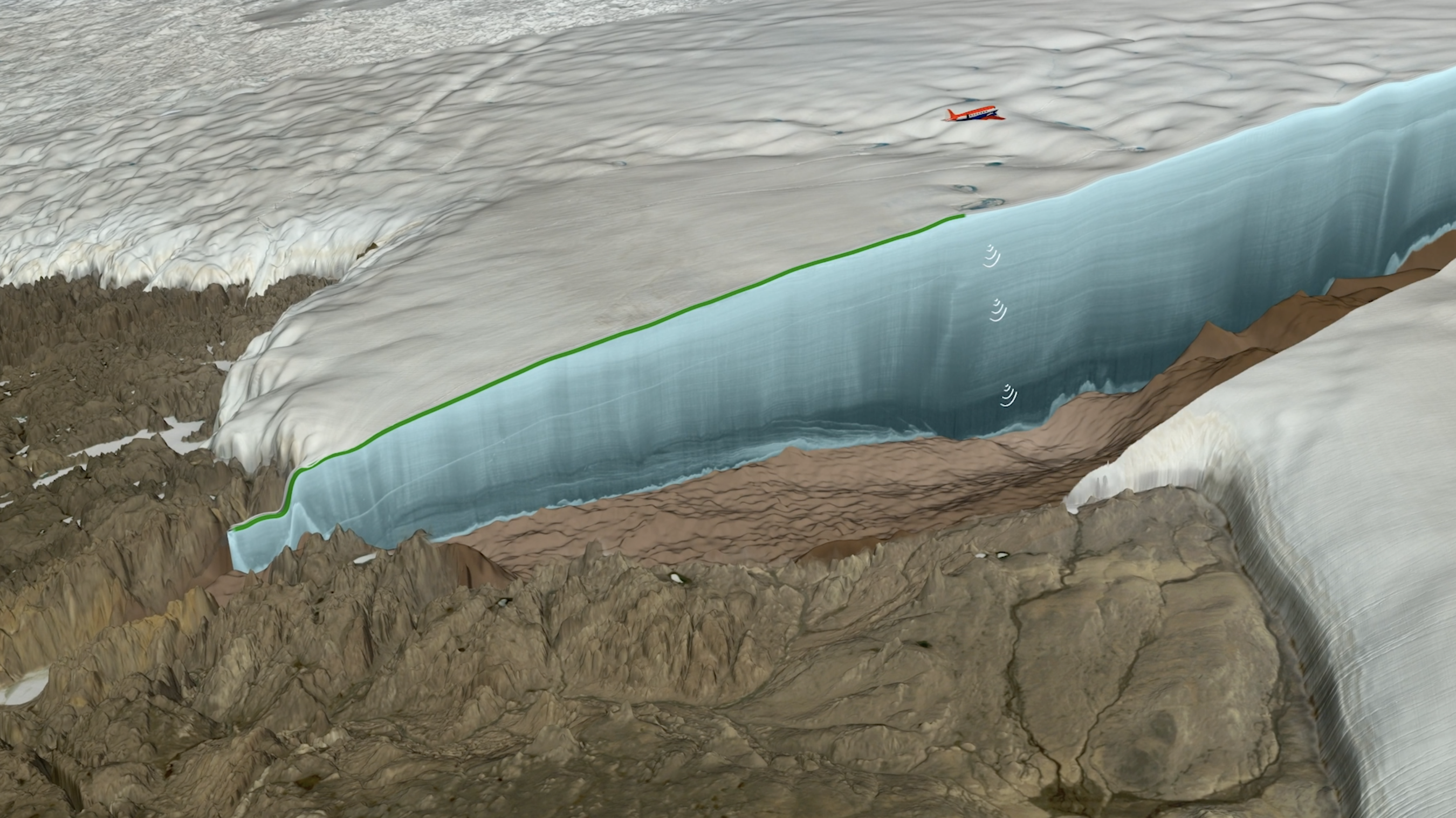 Plane flying over crater