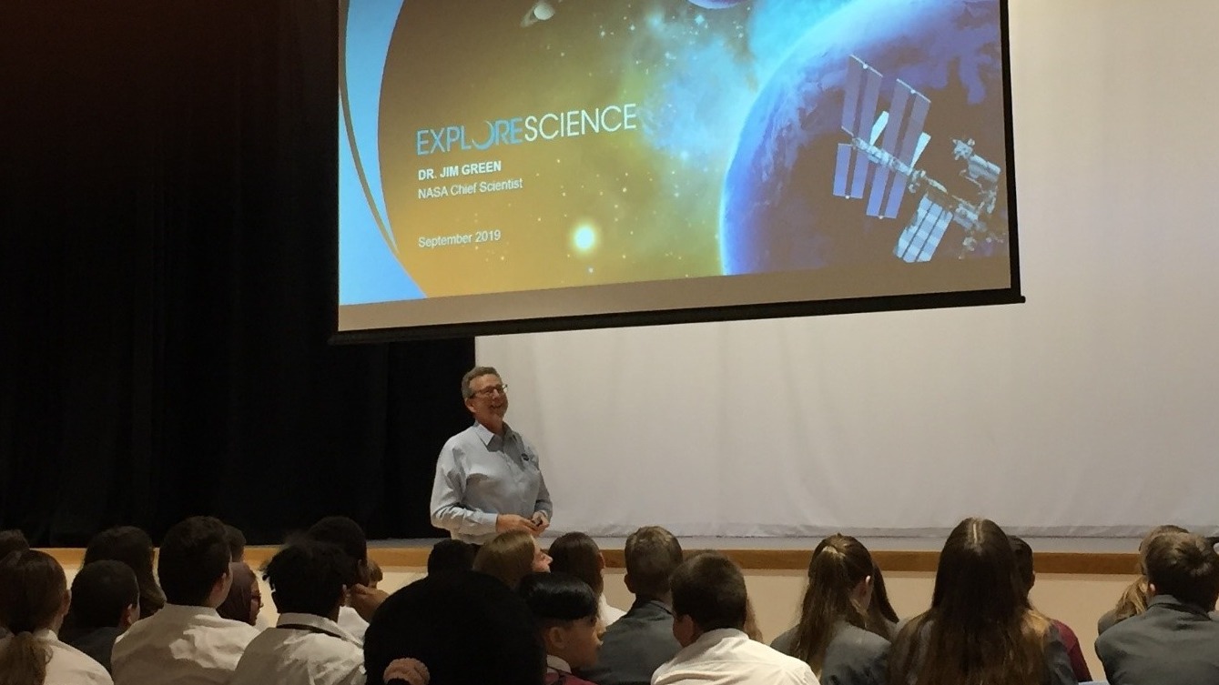 Dr Jim Green, NASA Chief Scientist, spoke to year 8 pupils at Cardiff West Community High School