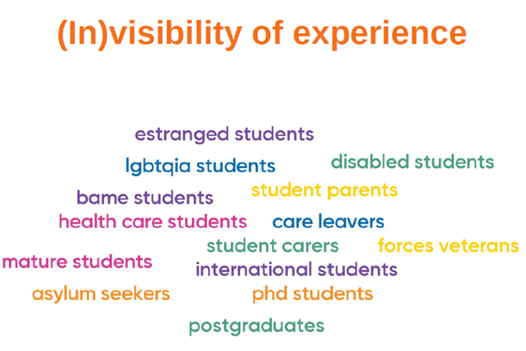 A collection of words made up of different colours, titled the invisibility of experience.
