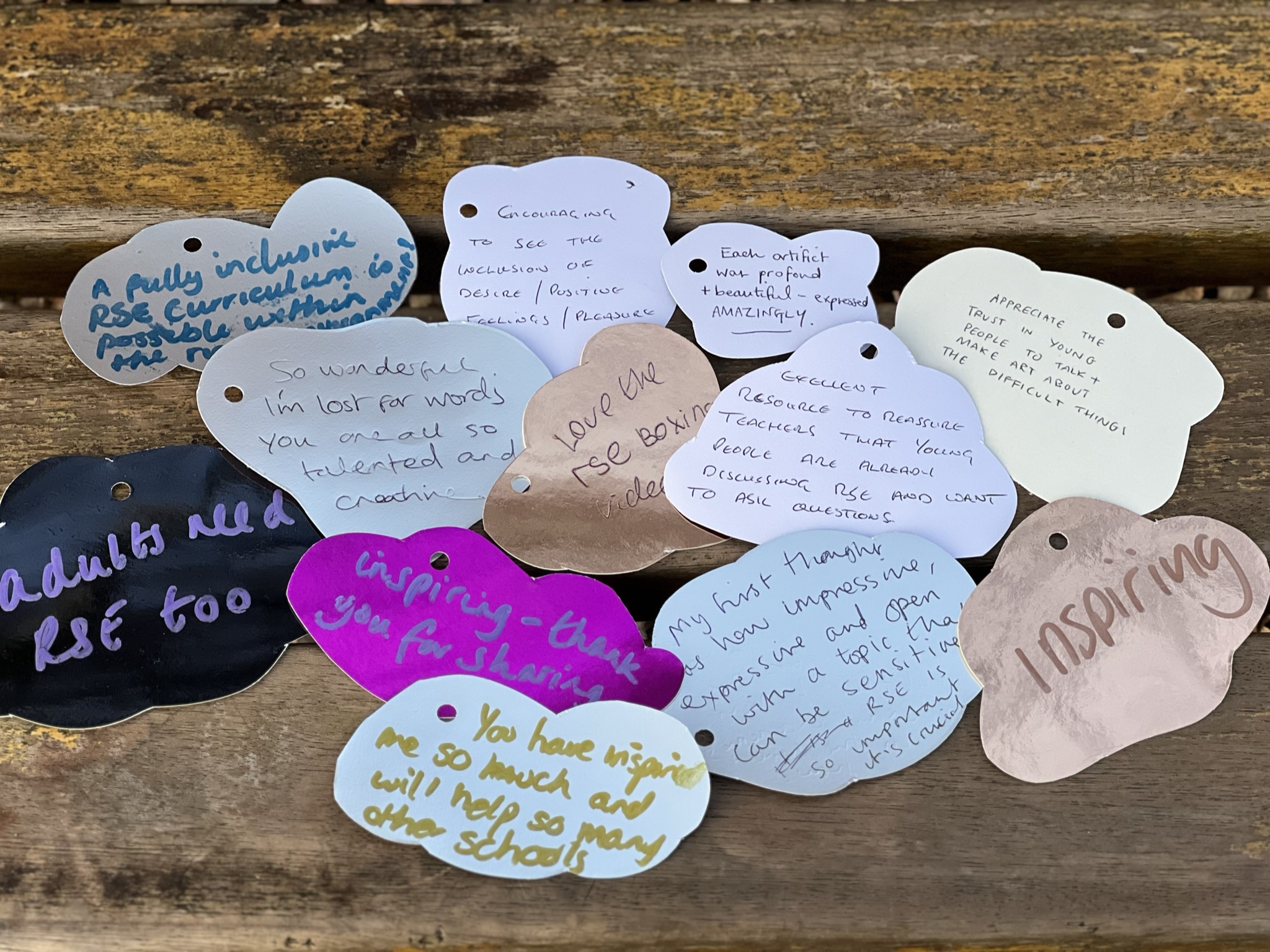 Reflections on new RSE from teachers written on different coloured pieces of card