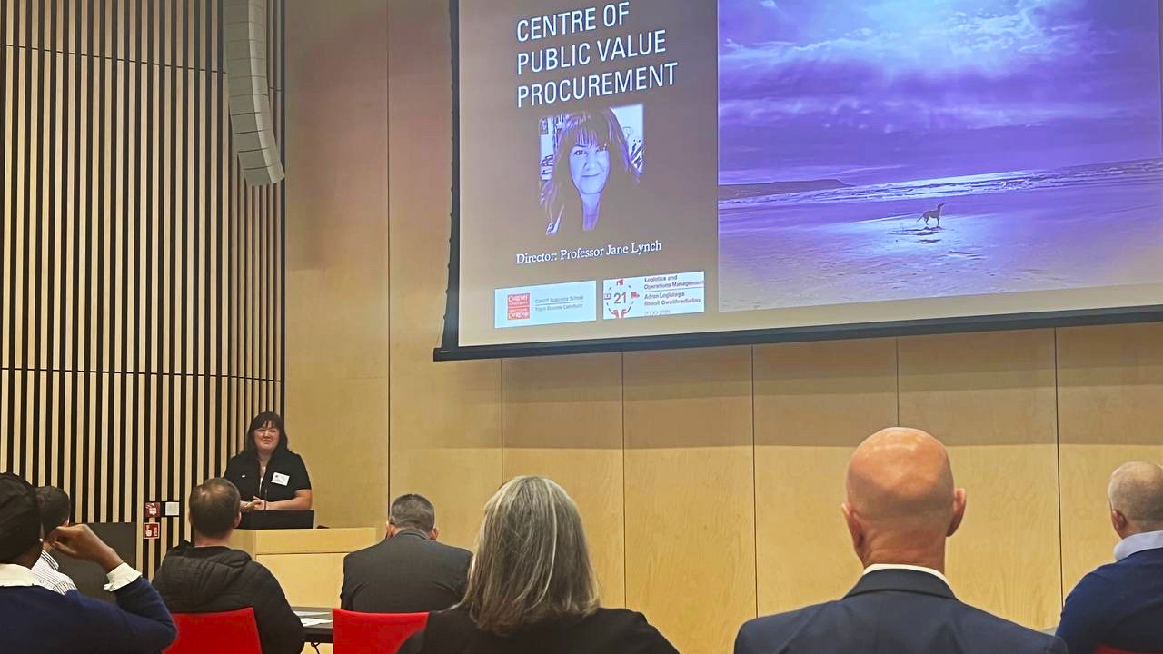 Professor Jane Lynch delivers a keynote speech in front of an audience at the launch of the Centre of Public Value Procurement