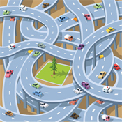 A tangle of roads with cars on them