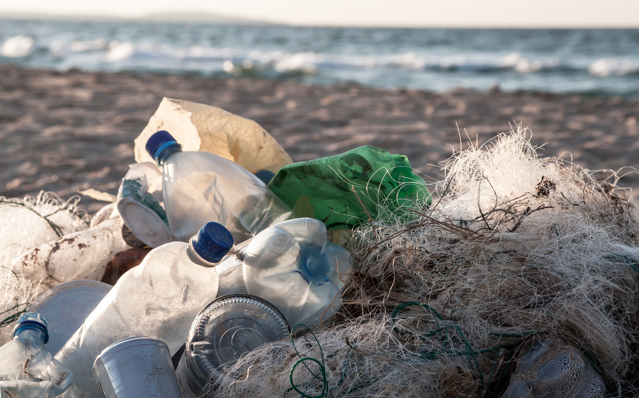 Image of plastic bottles on a beach